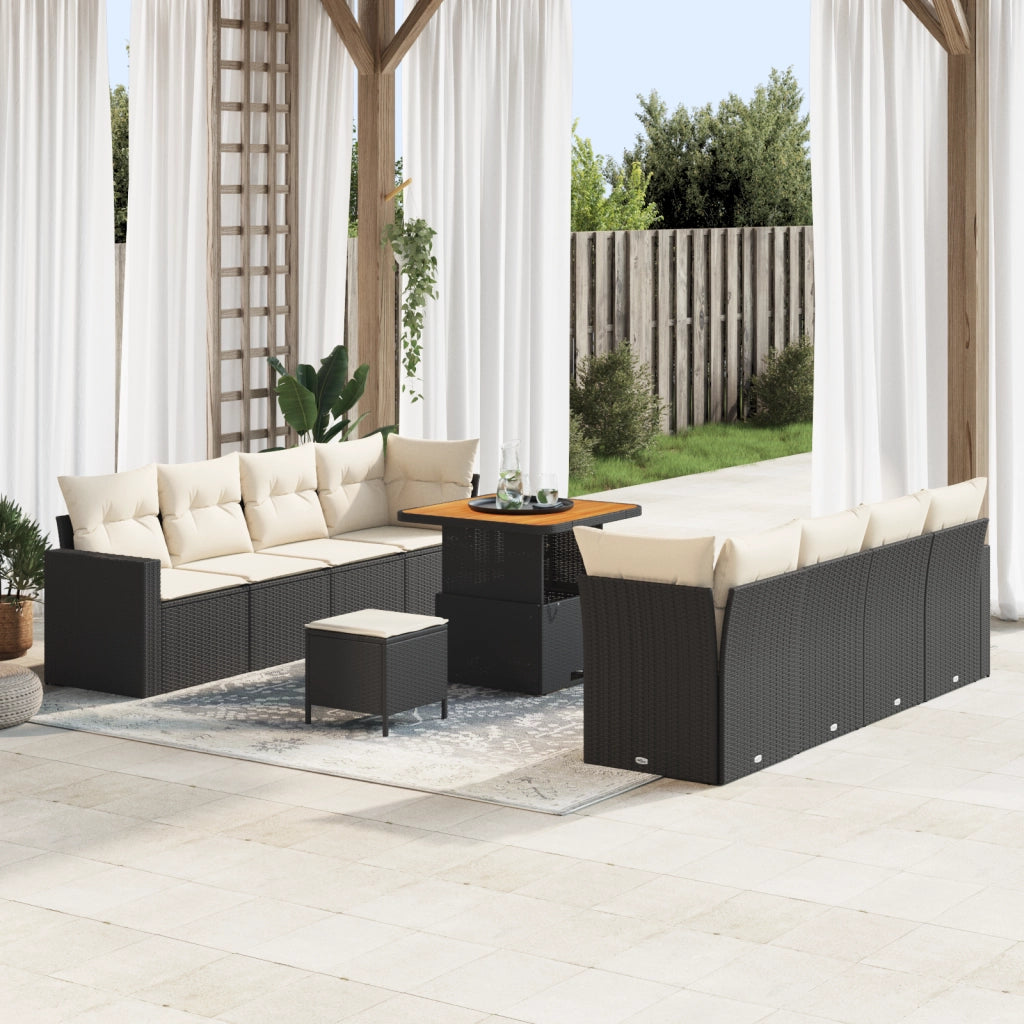 Set Divano da Giardino 11 Pezzi con Cuscini Nero Polyrattan Acacia