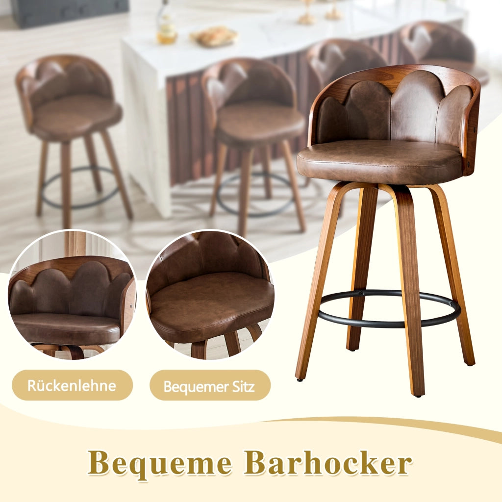 SGABELLO DA BAR con schienale a fiore, 89 cm, legno curvato, PU marrone
