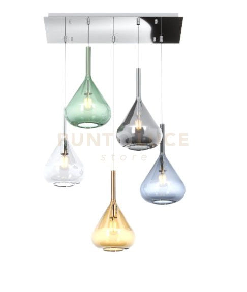 SOSPENSIONE CROMO 5 LUCI RETTANGOLARE VETRI TR + AM + FU + VE + BL 1177CR-S5 R-MC