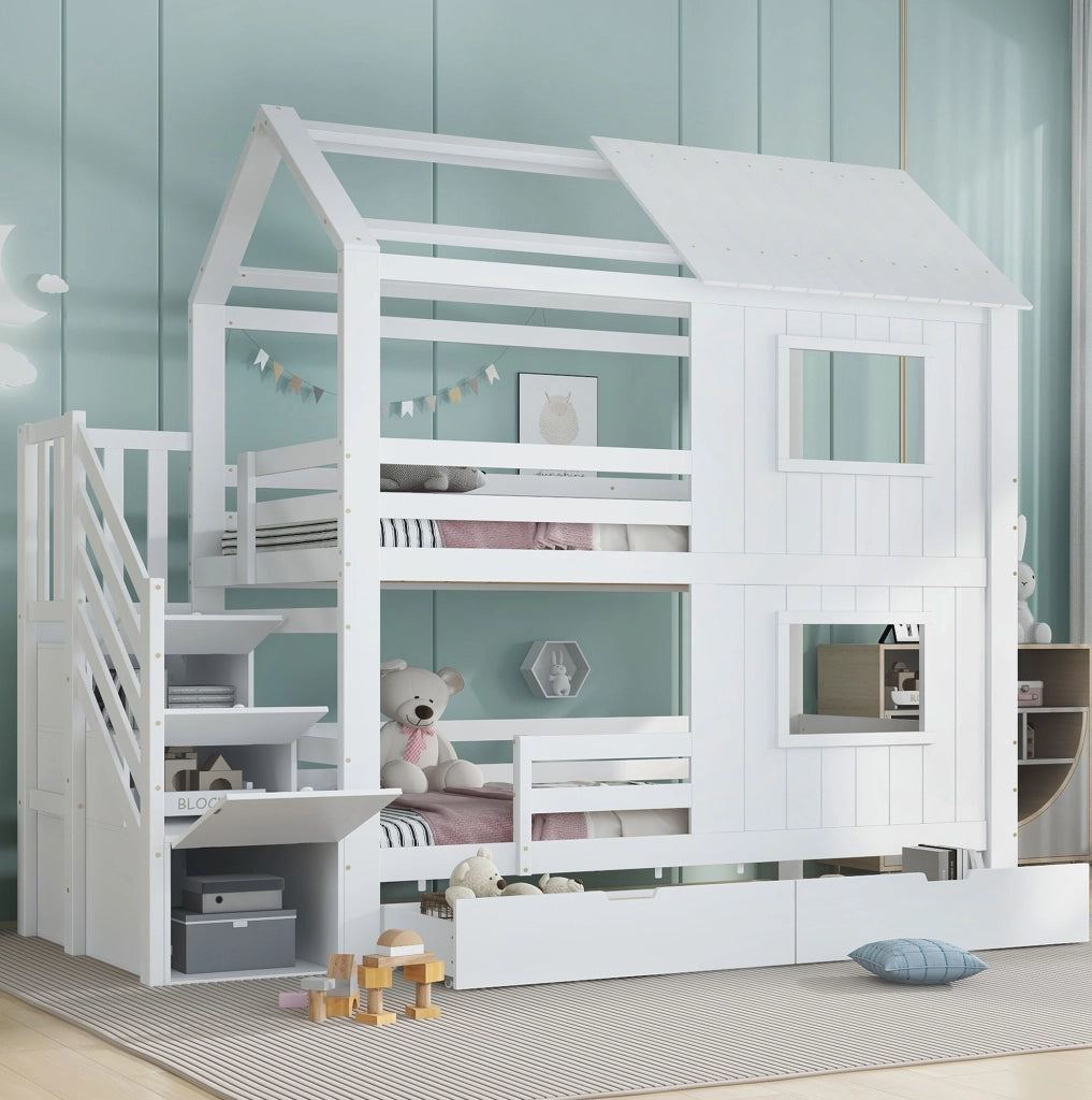 Letto a castello per bambini bianco con scala contenitore