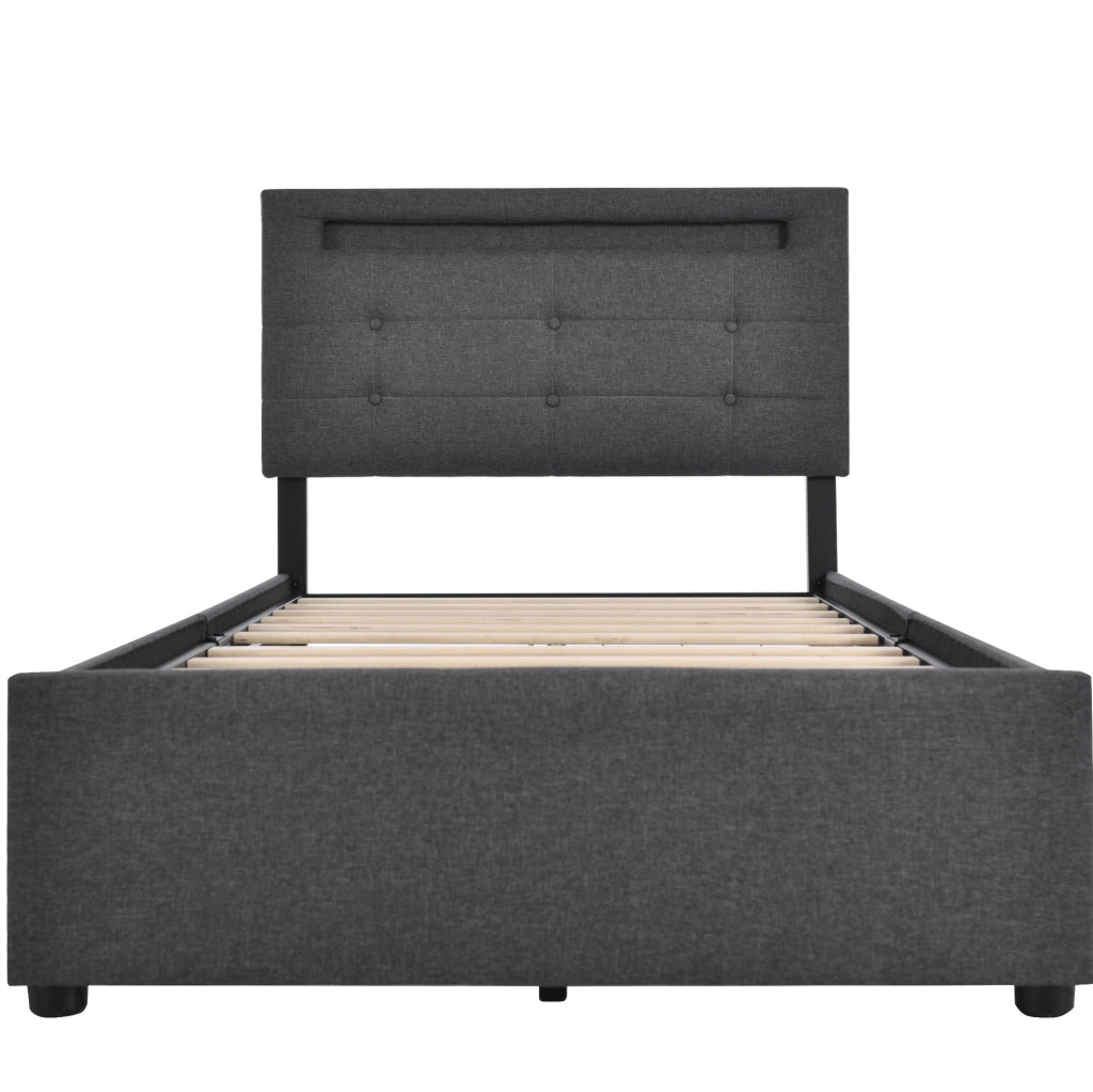 Letto singolo imbottito 90x200 cm con LED, 2 cassetti e materasso a molle grigio, testiera regolabile in altezza
