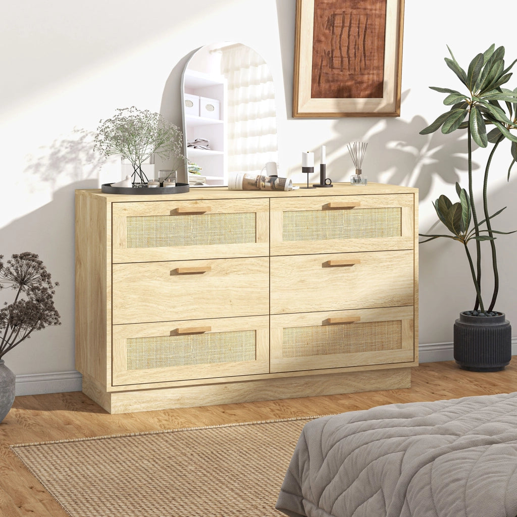 Cassettiera 6 Cassetti Stile Boho 110x40x69 cm in Legno e Rattan Rovere