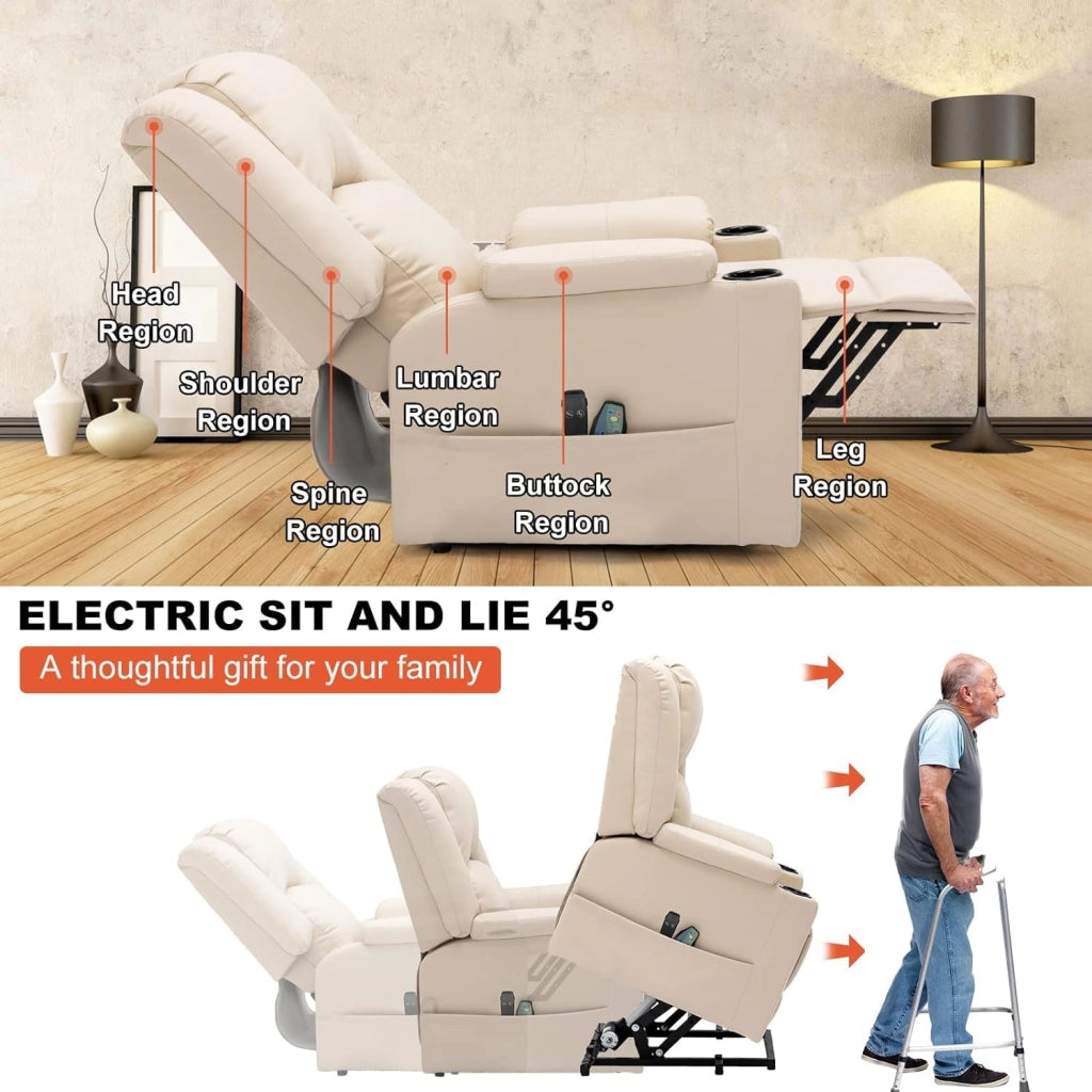 Poltrona Relax Reclinabile Poltrone Relax Elettriche Schienale Regolabile, Poggiapiedi Retrattile, con 2 Portabicchieri, Tasche Laterali, Supporto per Stare in Piedi, Pelle PU,Bianco