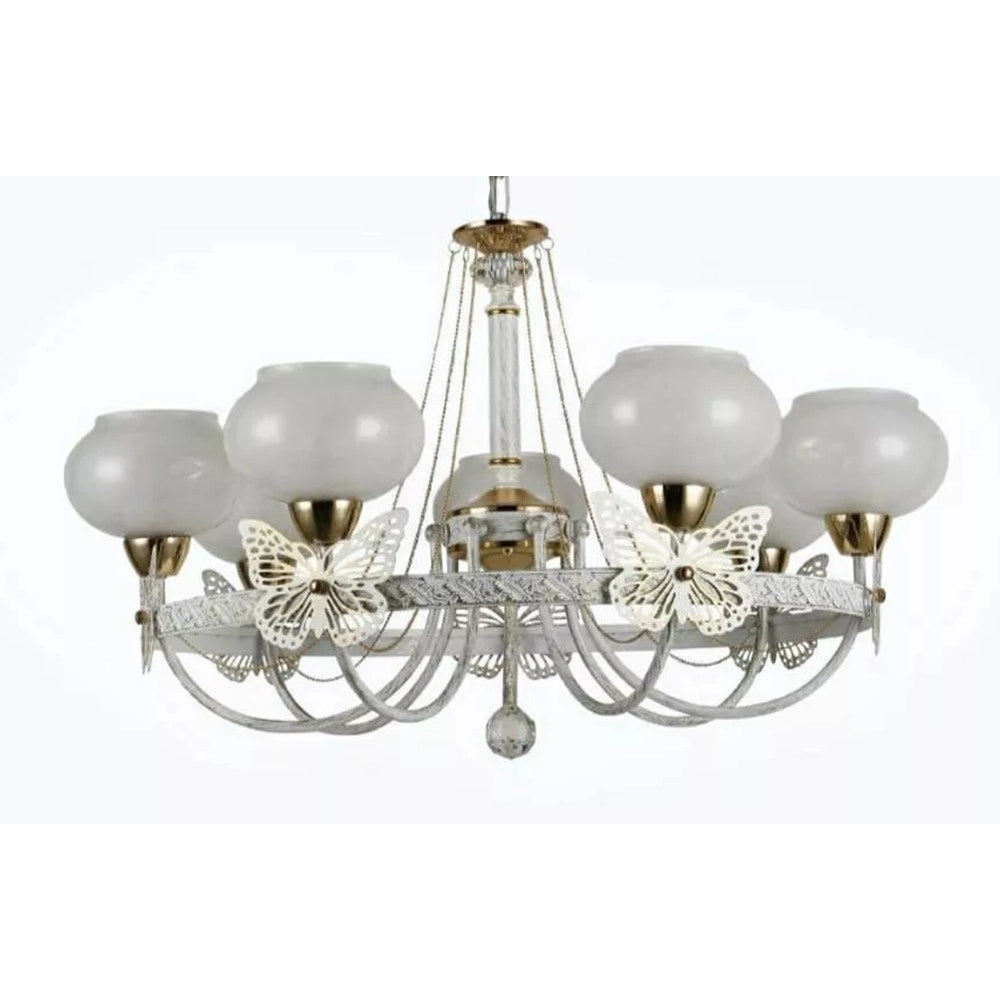 Trade Shop - Lampadario Classico Bianco Anticato Shabby Chic Lampada 7 Coppe Con Farfalle 92433 -