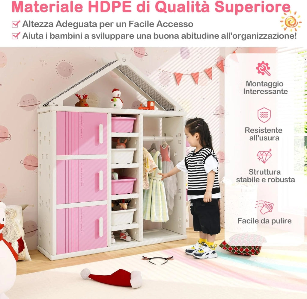 Armadio per Bambini, Organizzatore a Forma di Casa con Lavagna 3 Armadietti 4 Cestini 3 Cubi Chiusi e 3 Cestini Laterali, Armadietto Salvaspazio per Camera da Letto, 3 Anni+ (Rosa)