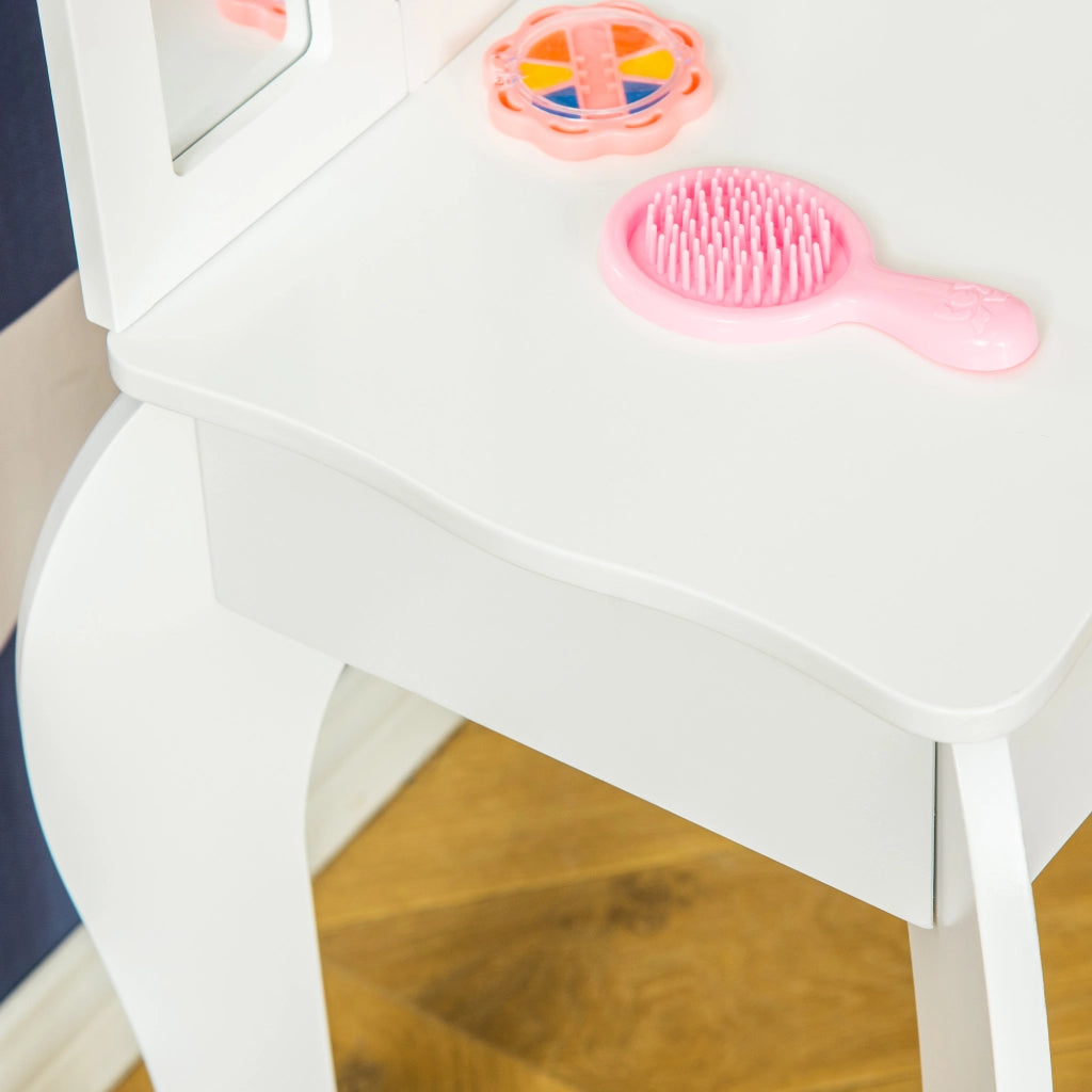 Toeletta Trucco per Bambine Consolle e Sgabello 63x40x85,5 cm con Triplo Specchio in Legno e Acrilico Bianco