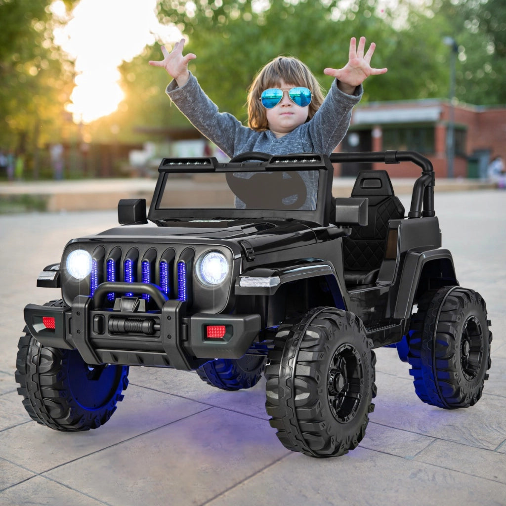 Jeep per bambini alimentata a batteria 12V con 2 posti e telecomando musica porta USB, Auto elettrica Nero-Macchinine giocattoli