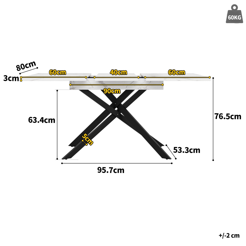 Tavolo allungabile per 6-8 persone con gambe incrociate in metallo, per cucina e soggiorno, bianco e nero, 120 × 80 × 76,5 cm