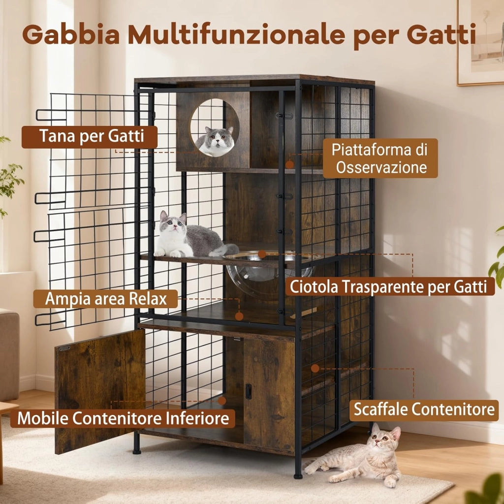 Armadio in Legno per Gatti, Gabbia a più Livelli con Struttura Metallica e Ciotola per Gatti, Armadietto con Porta a Rete Bloccabile, Casetta per gattini da Interno, 60 x 60 x 125 cm