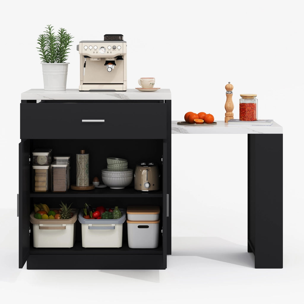 Isola da Cucina con Tavolo Estensibile 2-6 Persone; 2 Prese; 2 USB; 2 Cassetti e Mobile Contenitore