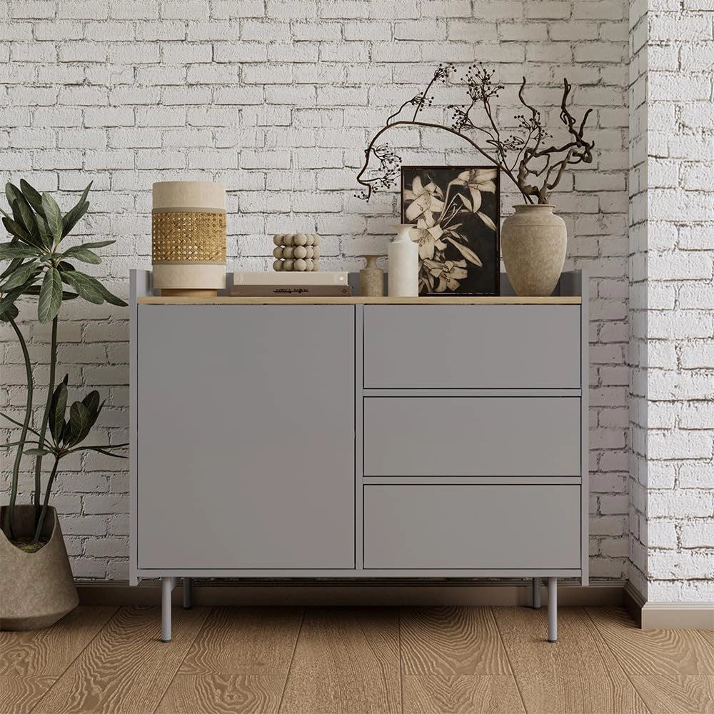 Cassettiera per camera da letto Velina, Grigio, 100 x 82 cm con 3 cassetti e 1 anta, per riporre abiti e oggetti di uso quotidiano