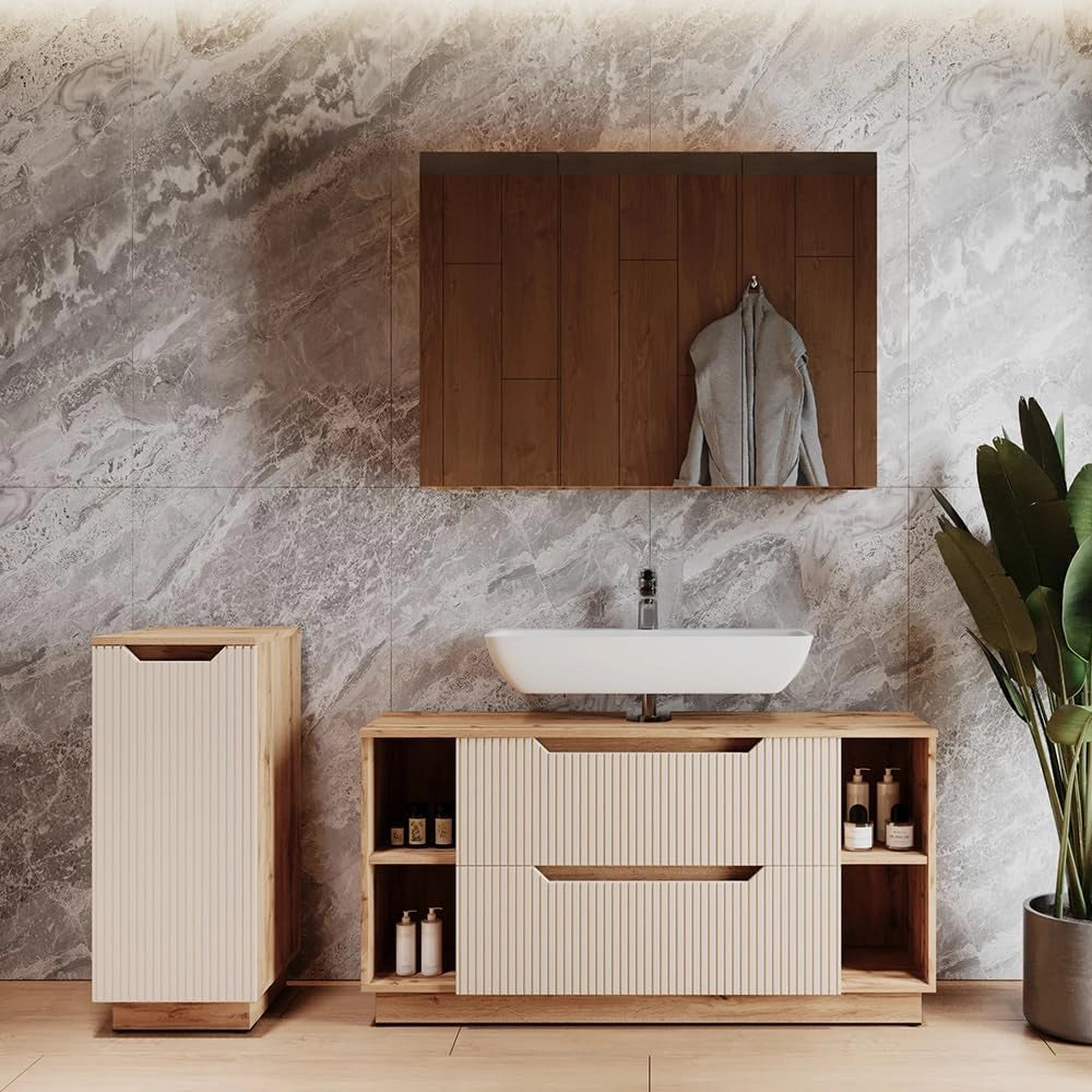 Set di mobili da bagno Lotta, Rovere/cashmere a righe, 3 parti