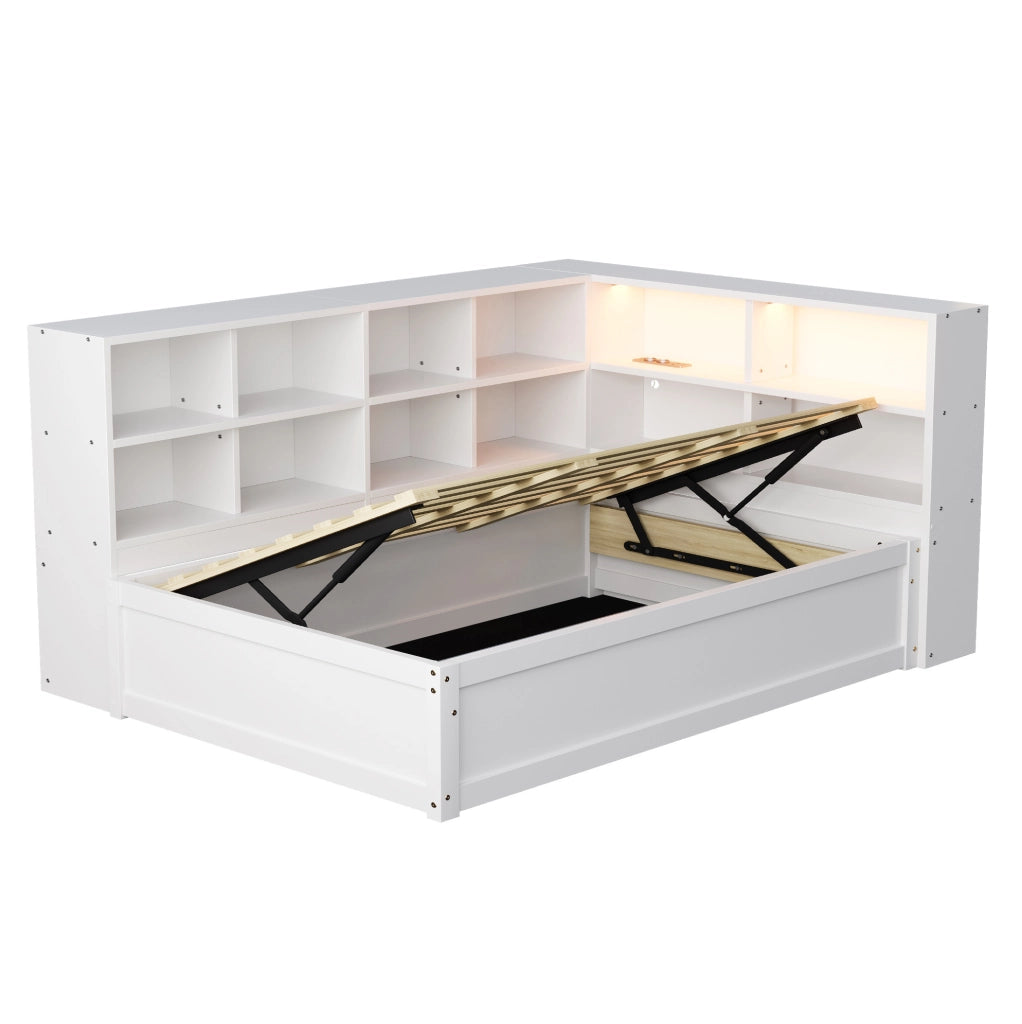 Letto 90x200 cm con prese multifunzione; LED e vani portaoggetti in legno bianco