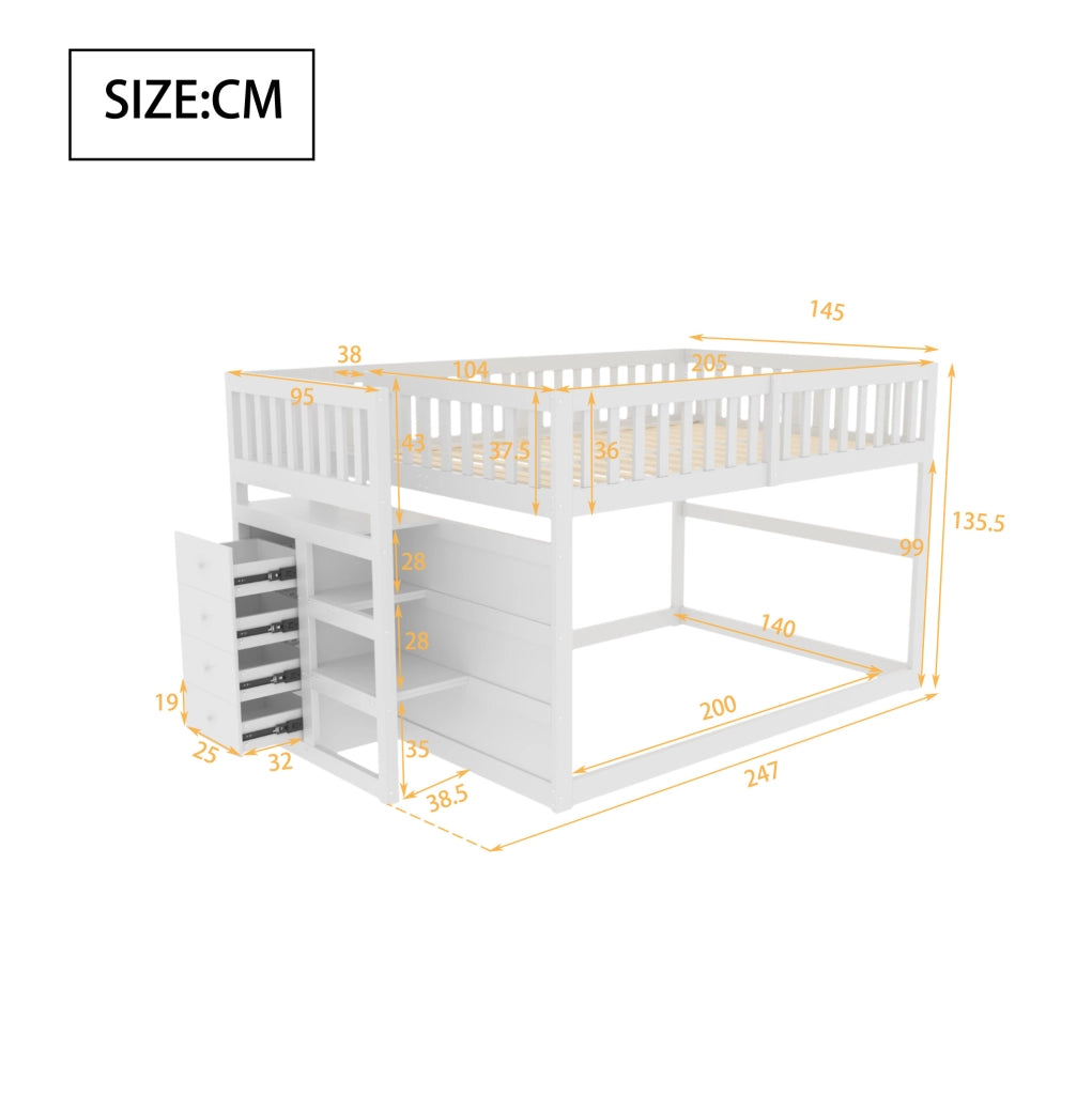 Letto a castello basso modulare 140 x 200 cm bianco con scala contenitore