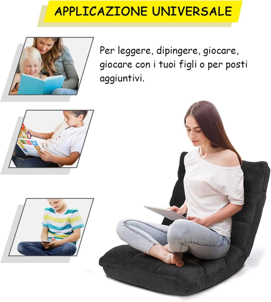 Sedia da Pavimento, Sedia Imbottita Regolabile in 14 Posizioni, Poltrona Salotto per Relax, Yoga, Lettura (Nero)