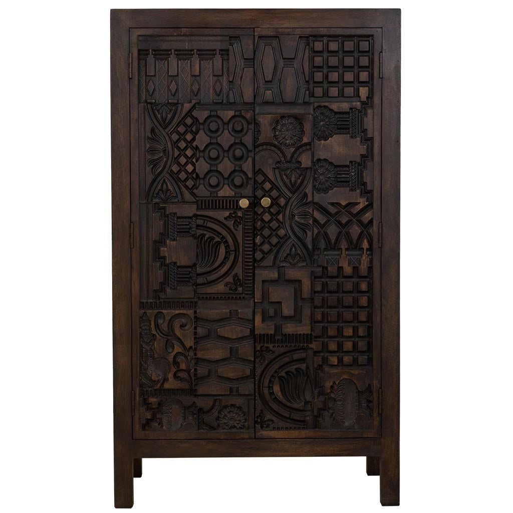 Armadio in legno intagliato rifinito artigianalmente a 2 ante marrone 78x35x140