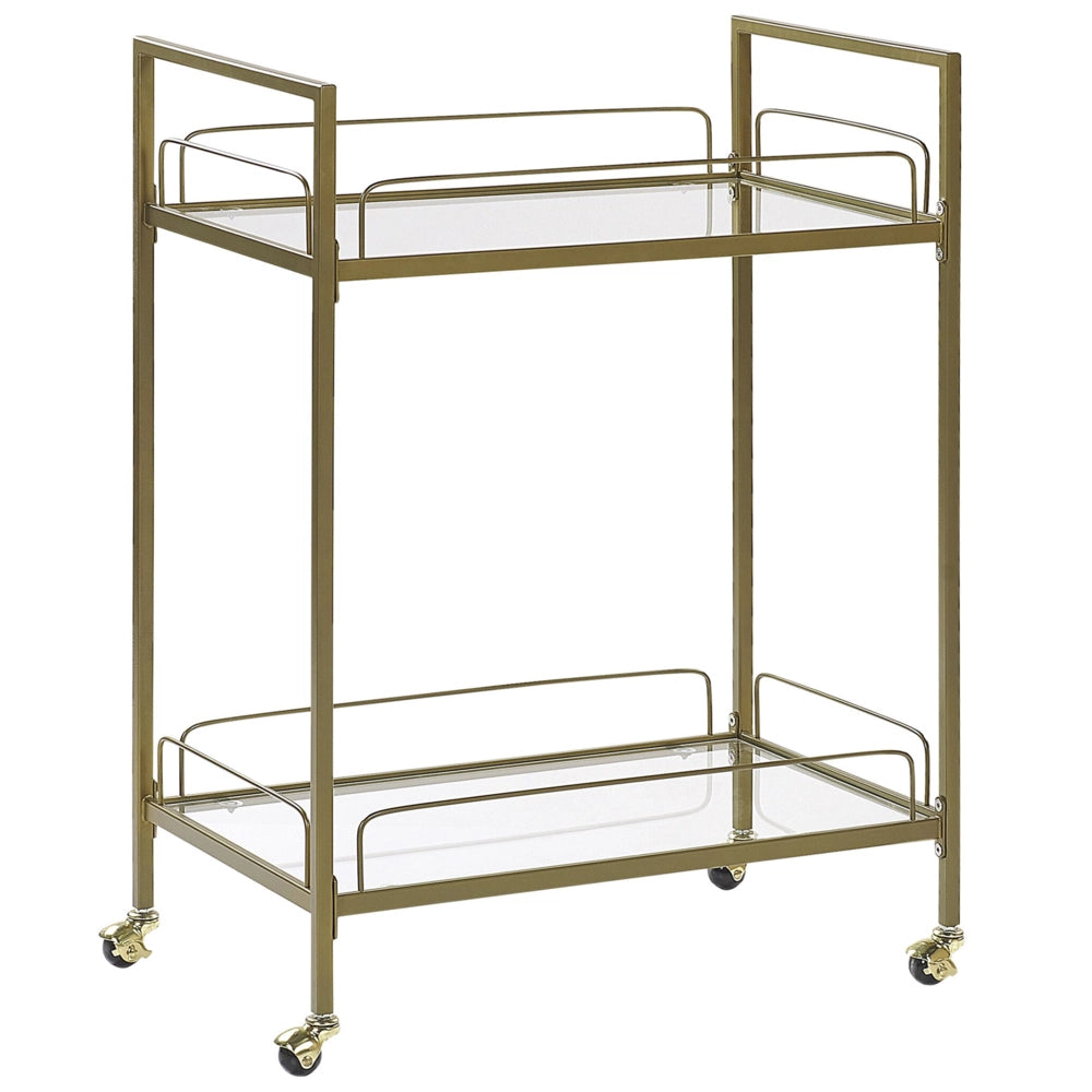 Carrello Cucina Gambe in Metallo dorato Piano in Vetro Temperato con Ripiano e Ruote Glam