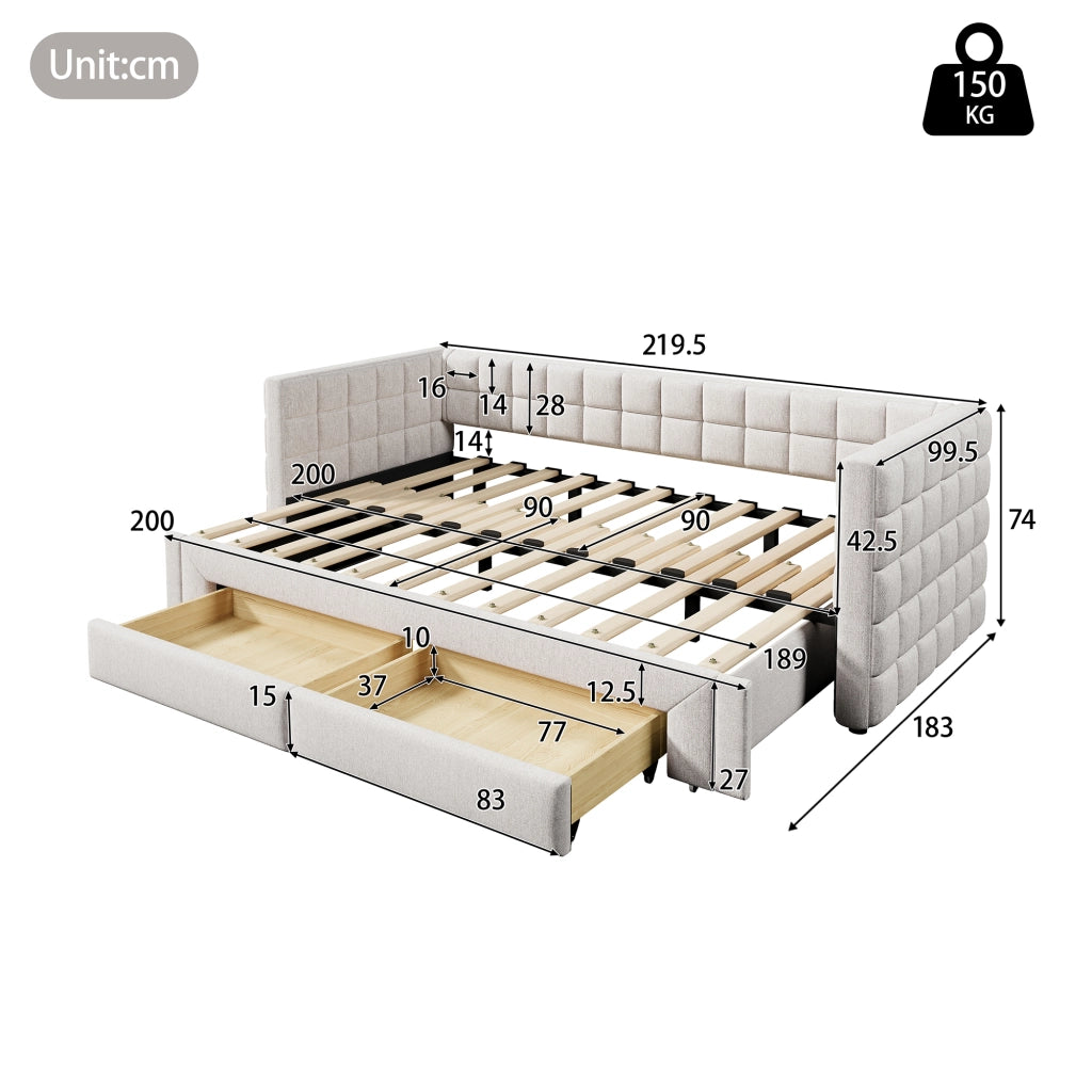 DESMIU Divano letto 90 × 200 cm 1 posto con 2 cassetti, senza materasso, in velluto beige