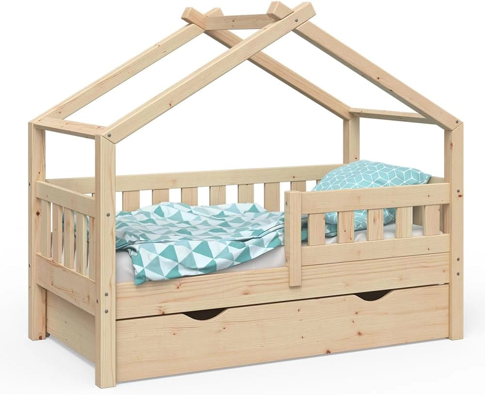 Letto montessori bambini Design, Legno naturale, 70x140 cm con cassetto, adatto per materassi fino a 10 cm di altezza, montaggio semplice