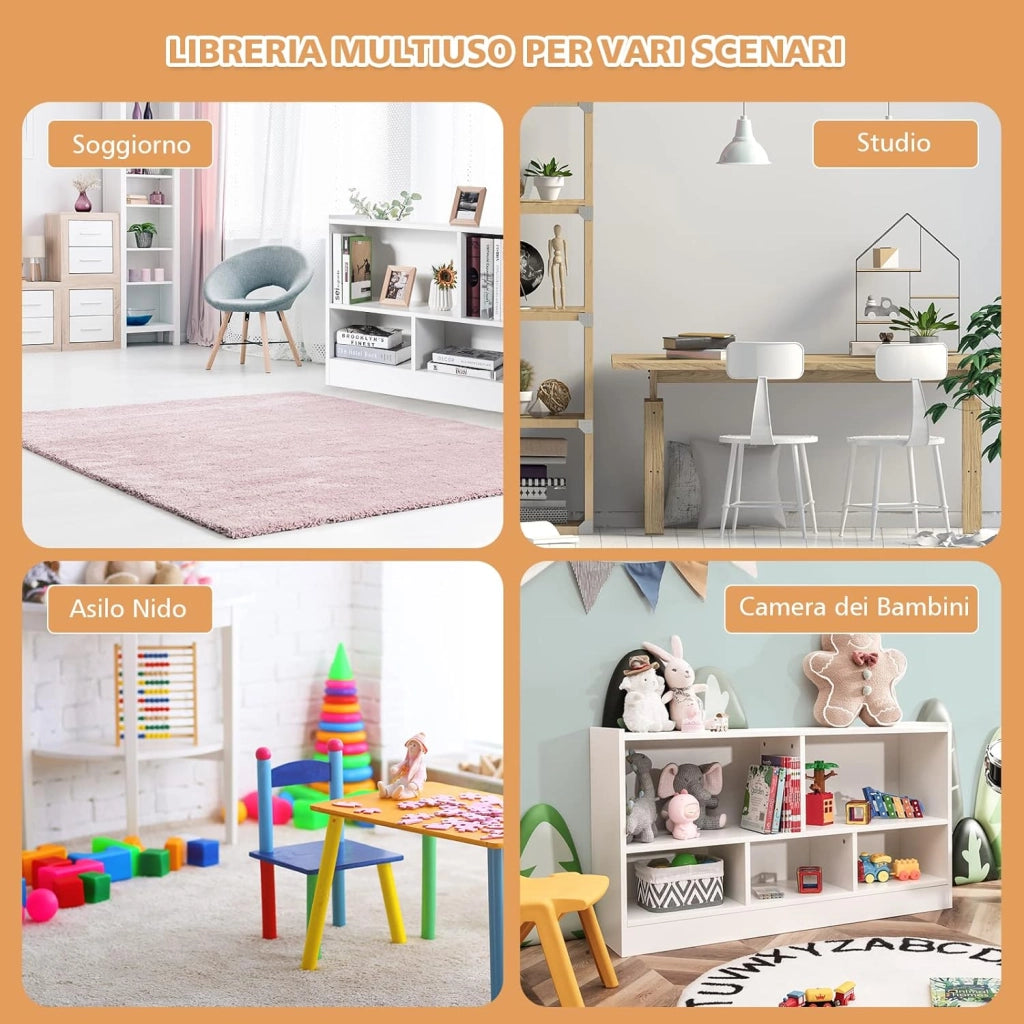 Libreria per Bambini e Organizer Giocattoli, Scaffale di Legno Con 5 Scompartimenti, Per Stanza dei Giochi Camera Dei Bambini Angolo di Lettura Classe Scuola Materna (Bianco)