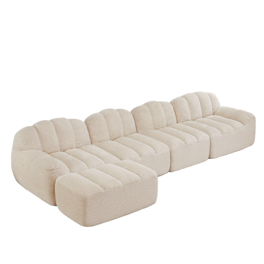 Divano angolare modulare 4 posti con ottomano in fleece granulato per soggiorno beige bianco 366 × 165 × 79 cm