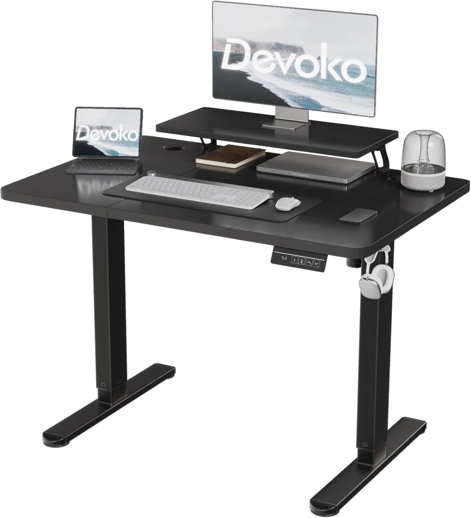 120 x 60 cm Scrivania Regolabile in Altezza con Supporto per Monitor, Regolabile con 2 Altezze di Memoria, Per Camera da Letto, Studio, Ufficio(Nero)