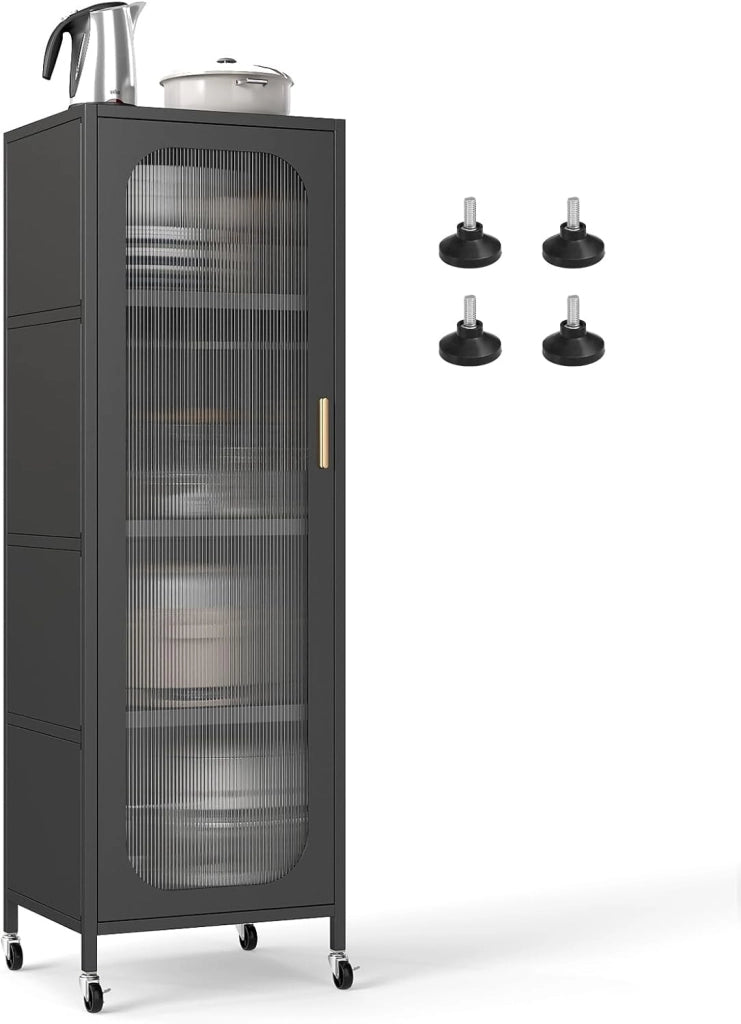 Mobile da Cucina in Metallo a 5 Ripiani, Credenza Salvaspazio con Mensole Regolabili 4 Ruote, Base Intercambiabile e Porta Semitrasparente, Organizzatore per Sala da Pranzo, Soggiorno (Bianco)