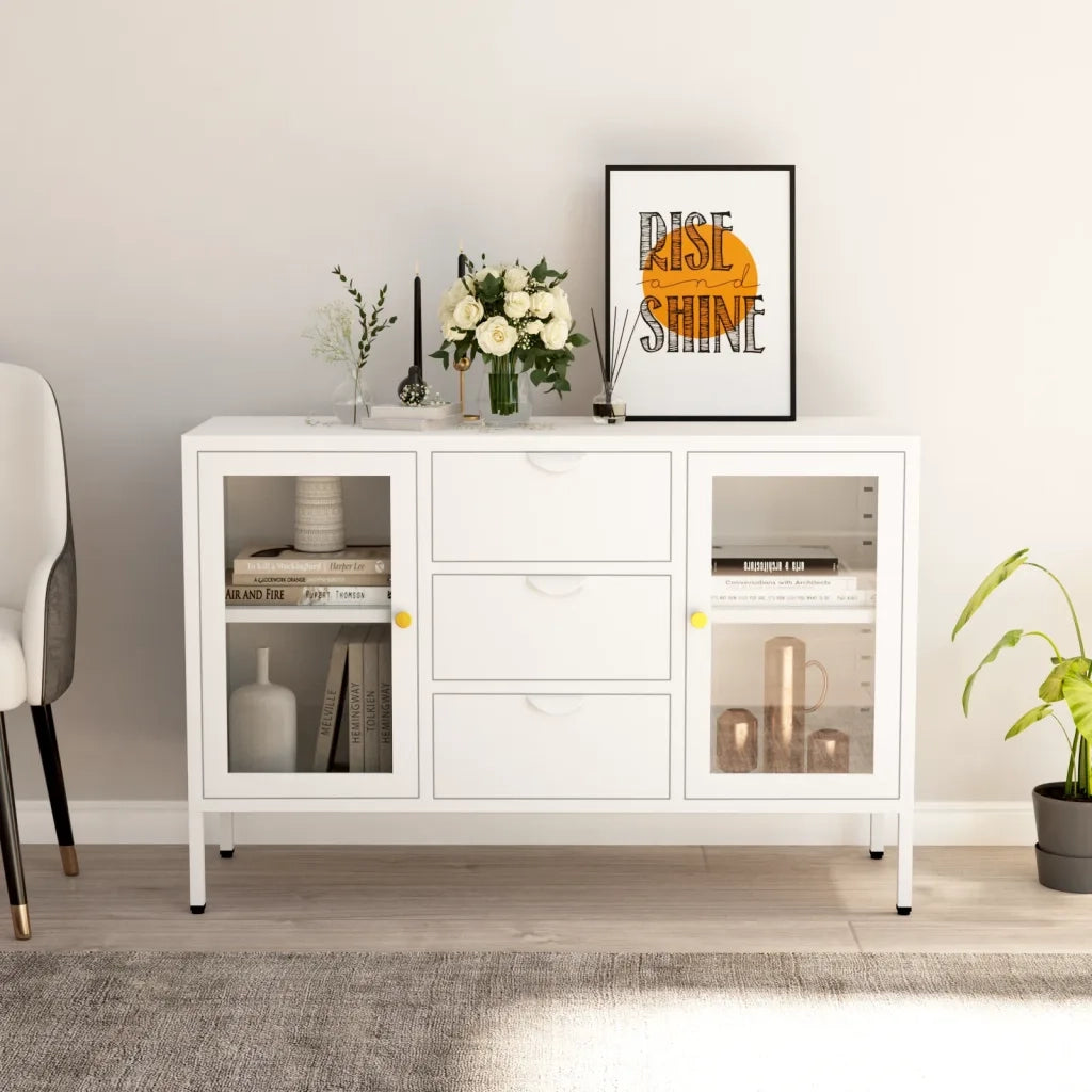 Credenza | Madia | Buffet da pranzo | Armadio da pranzo Bianca 105x35x70 cm in Acciaio e Vetro Temperato