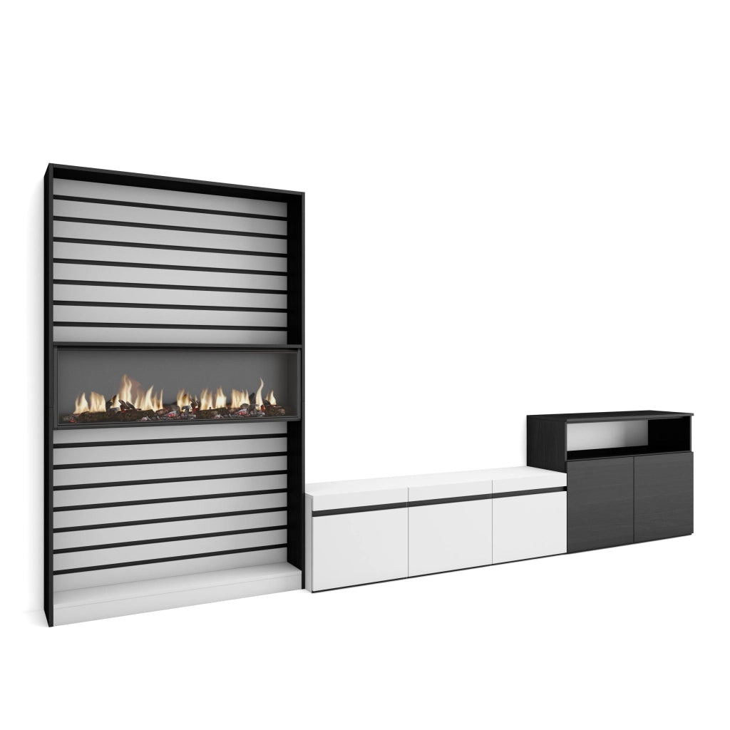 Mobile TV, Soggiorno, 360x35x186cm, Per TV fino a 65", Camino elettrico, Bianco e nero RF3187