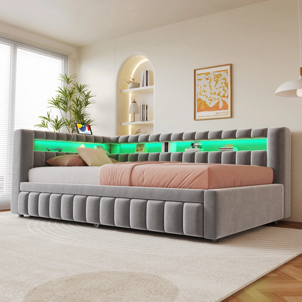 OKWISH Letto a Divano 90×200 cm, Letto Singolo con Letto Estraibile, LED Regolabile, USB, Tipo C e Mensole, senza Materasso, Grigio Chiaro