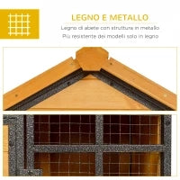 Gabbia per Conigli con Casetta, Rampa e Area Aperta, Conigliera in Legno e Metallo Giallo Chiaro, 122x63x92cm