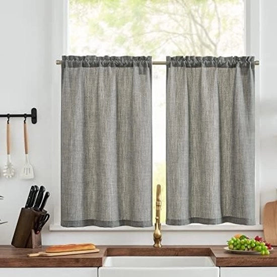 Set di 2 tende da finestra in lino - 63 x 90 cm - Semitrasparente - Adatto per cucina/soggiorno