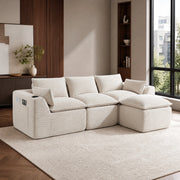 Divano modulare in velluto a coste beige con pouf e tasche laterali HAVRYA