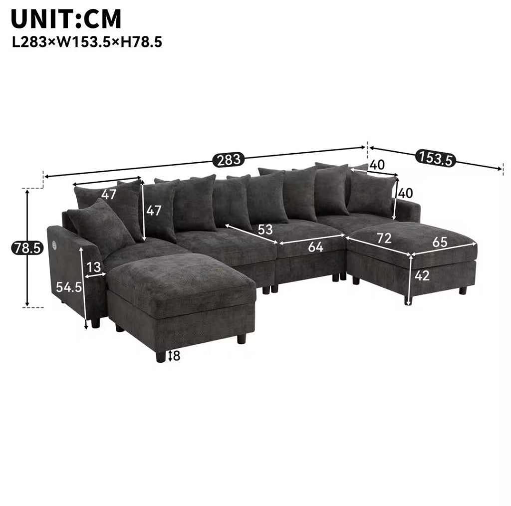 Divano angolare modulare 6 posti con USB/Type-C e 2 pouf