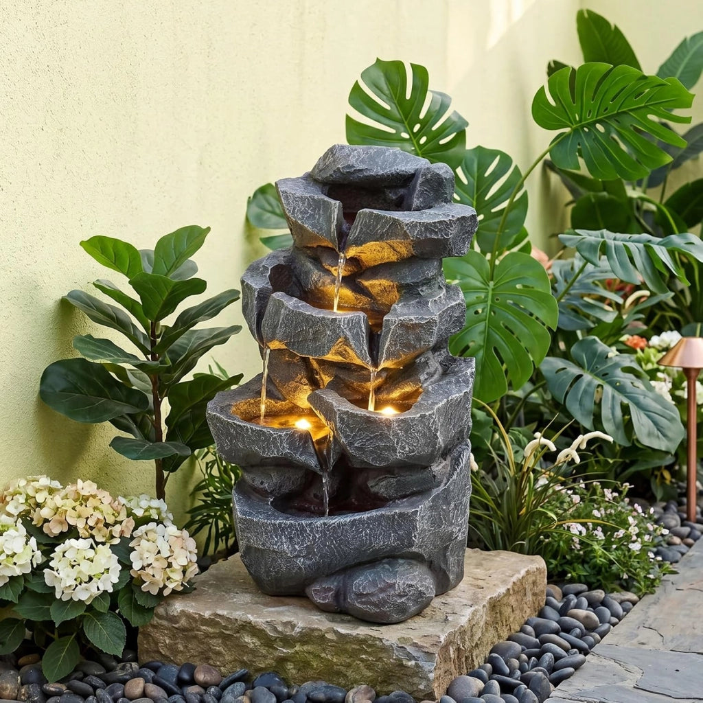 Fontana da Giardino a 5 Livelli con Luci e Flusso Regolabile | Fontanella Cascata Elettrica a Forma di Roccia con Effetto di Pietra da Terrazza e Balcone