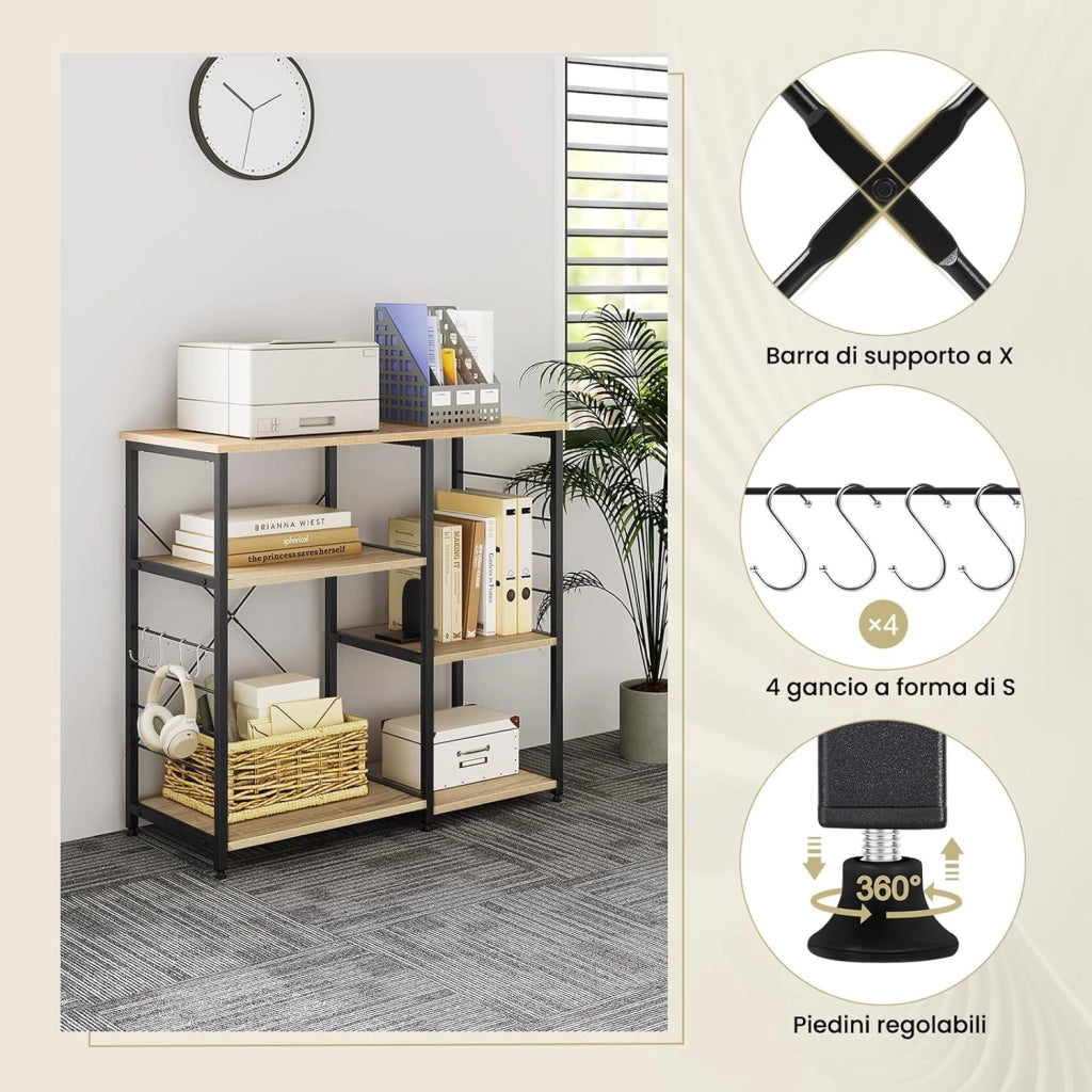 Scaffale da Cucina con 5 Ripiani in Legno, Supporto per Microonde con 4 Ganci, Struttura in Metallo & Legno, 90x40x83,5 cm, Rovere Chiaro+Nero