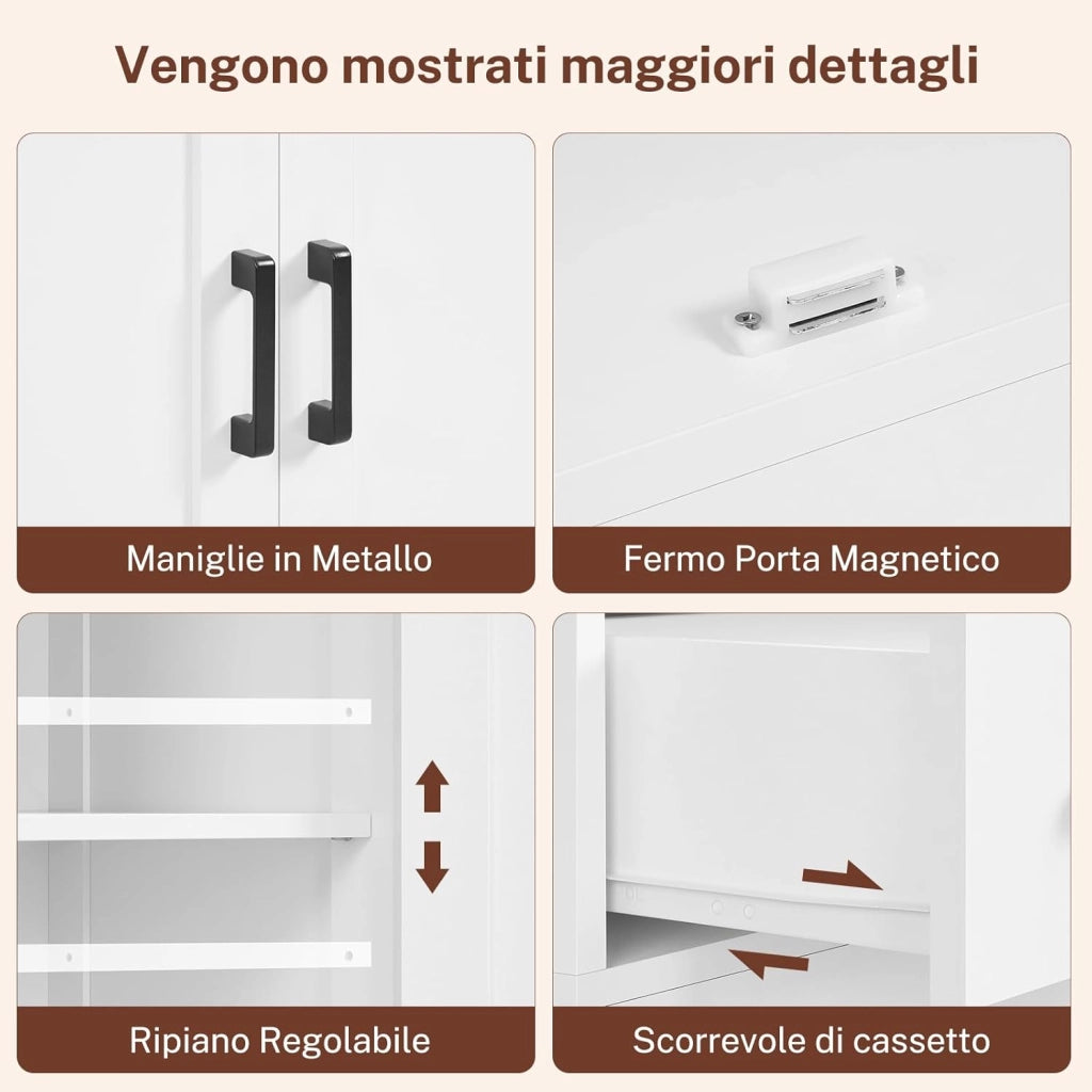 Mobile Bagno con 4 Porte e 1 Grande Cassetto, Mobiletto Bagno Salvaspazio con Ripiano Regolabile, Armadio Bagno – per Soggiorno, Cucina, Bianco, 60x30x148 cm
