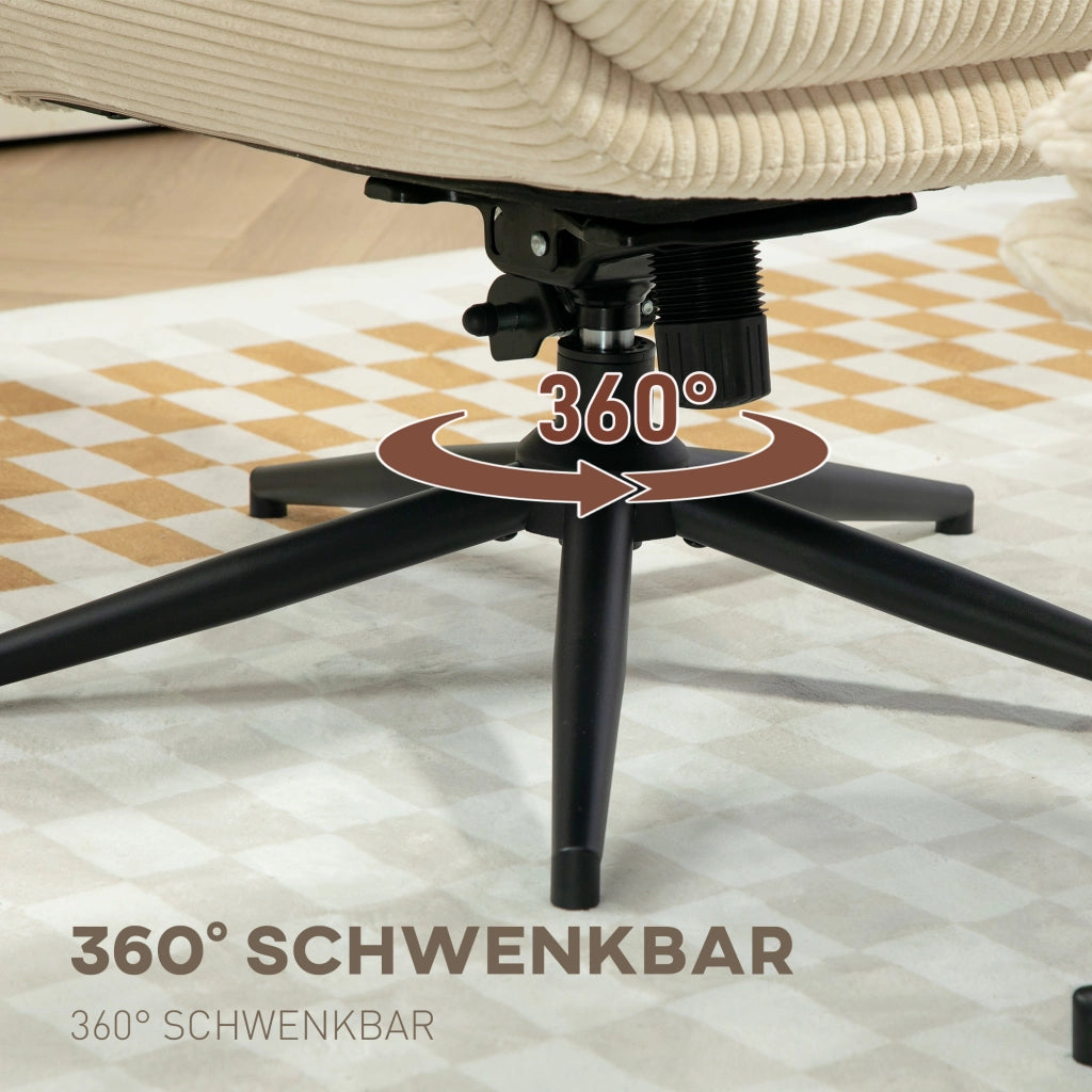 Poltrona relax girevole a 360° con poggiapiedi, schienale reclinabile fino a 130°, in corda beige