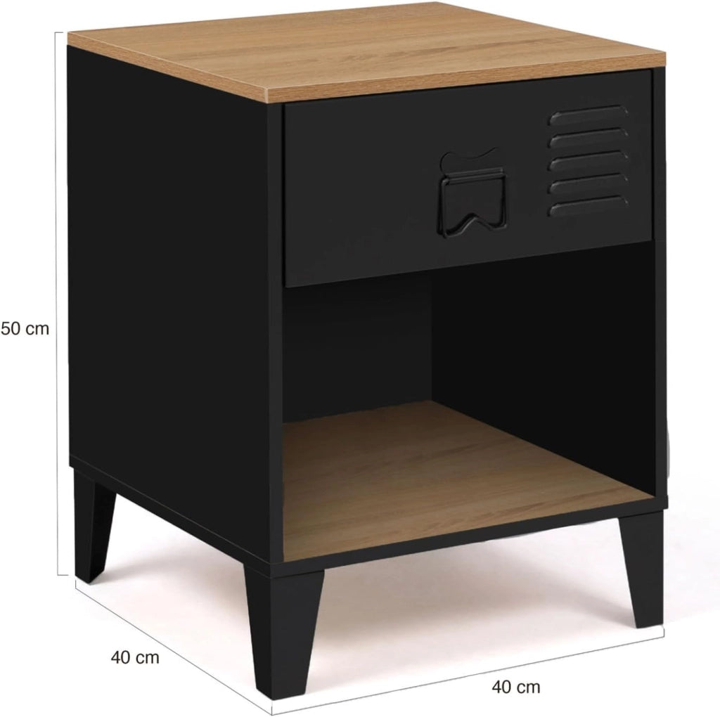 Set di 2 comodini Ester a 1 cassetto in Metallo Nero con nicchia e Piano in faggio in Stile Industriale