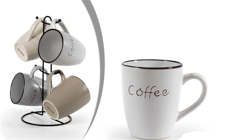 SET 4 TAZZE MUG CON STAND IN METALLO DA 360ML IN DECORO SCRITTA COFFEE E COLORI VARI