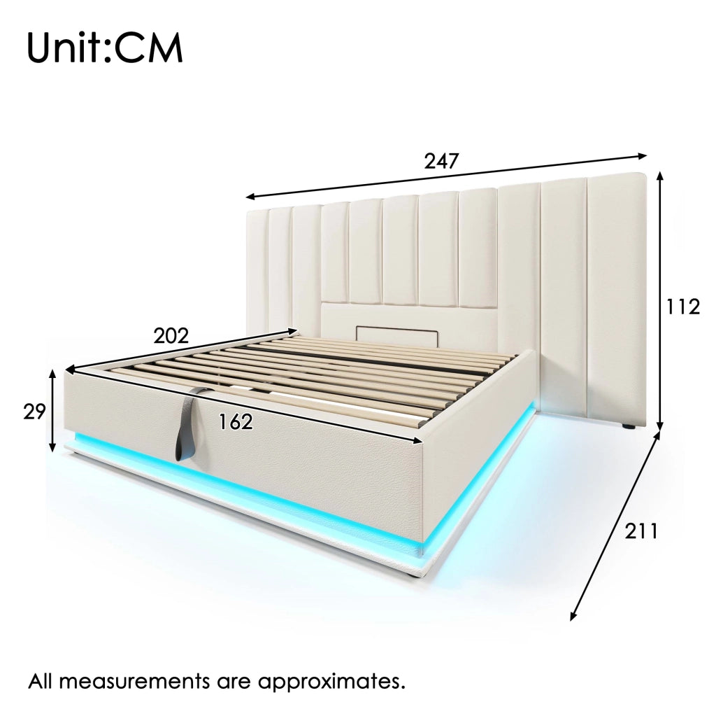Letto matrimoniale 160x200 cm imbottito con LED e prese USB; contenitore; bianco