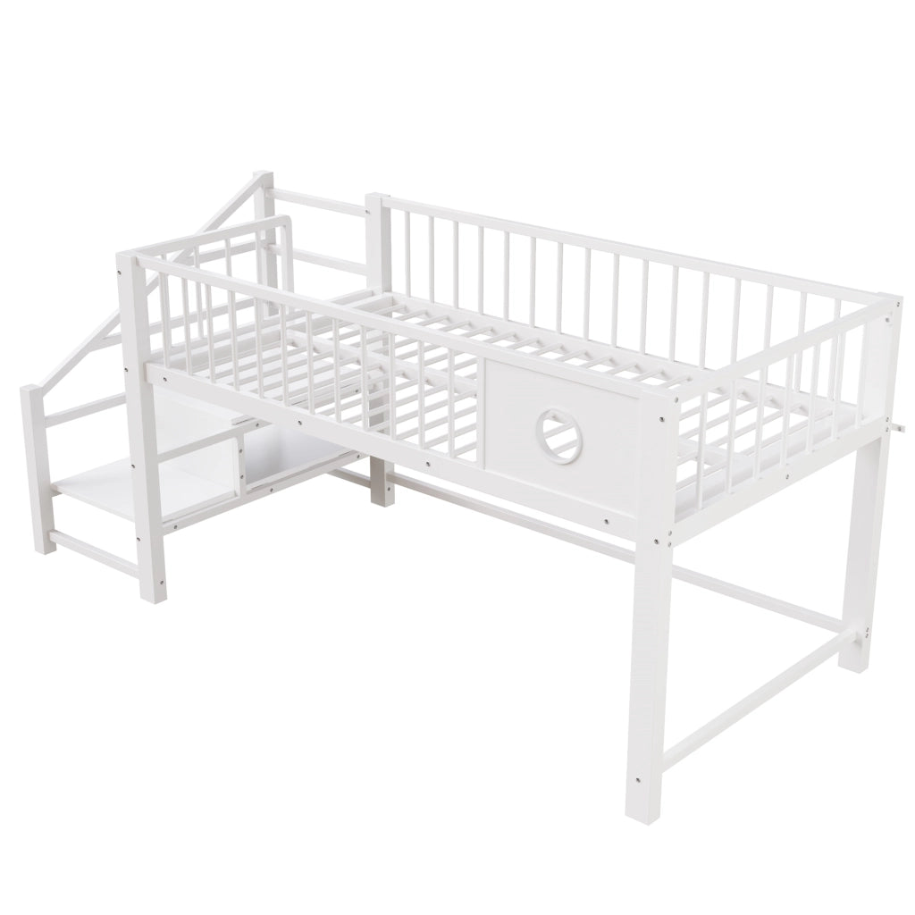 Letto a soppalco basso per bambini 90x200 cm in metallo, con scala contenitore, bianco