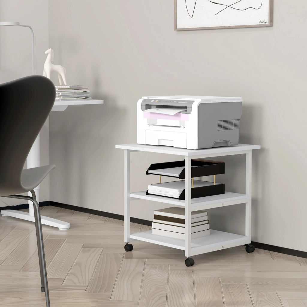 Carrello Porta Stampante a 3 Ripiani con 4 Ruote. Legno e Acciaio. 50x50x52.5cm. Bianco