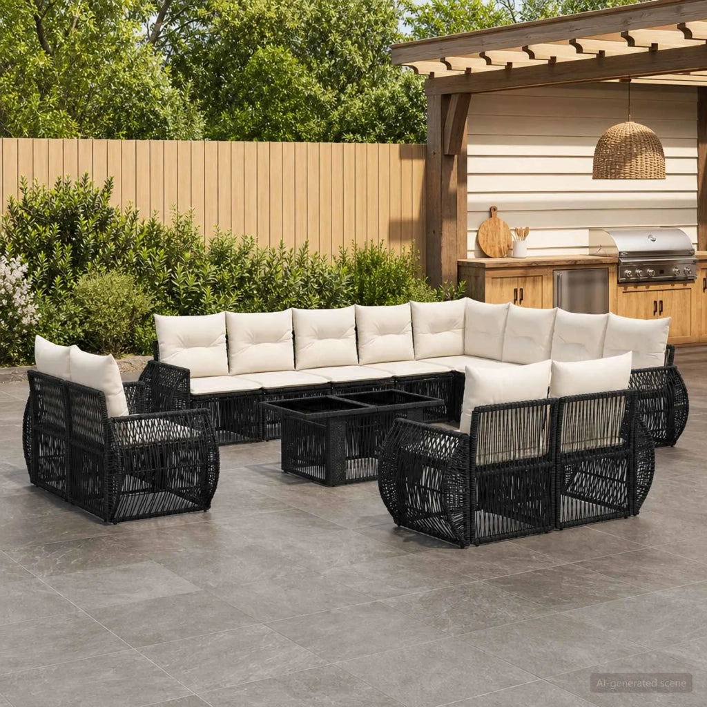 Set Divano da Giardino 13 pz Nero e Bianco Crema polyrattan 3437026