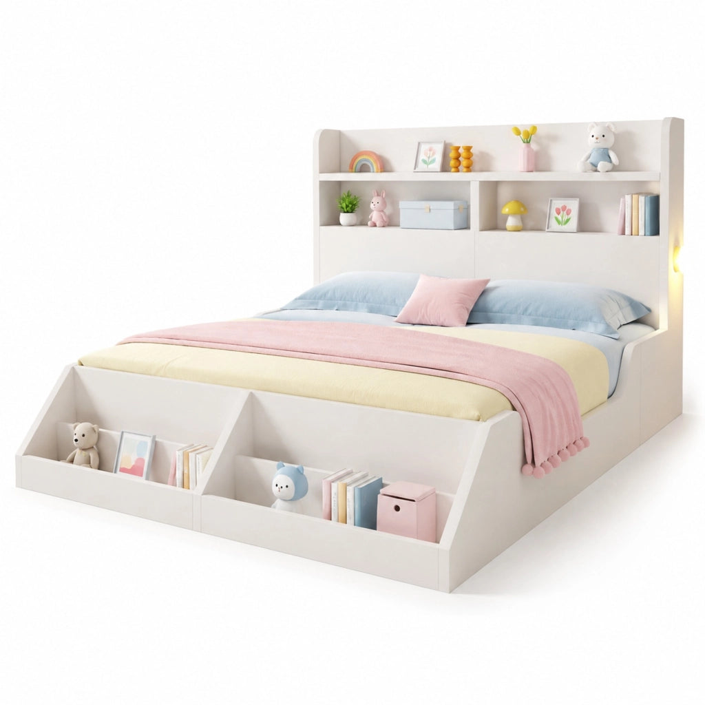 Letto in legno 140x200 cm bianco con luci notturne, libreria rimovibile e rete a doghe