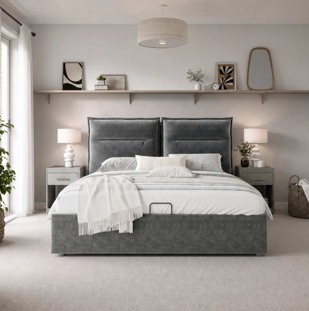 Letto matrimoniale imbottito 140x200 cm con contenitore e testiera regolabile