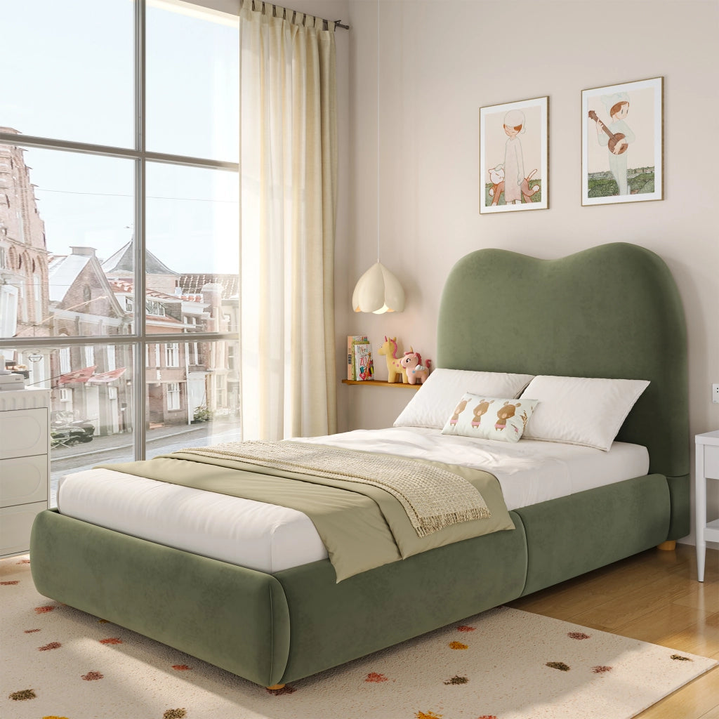 OKWISH Letto contenitore 90×200 cm, Letto Singolo con Vano Contenitore, Testiera Imbottita e Struttura Integrata, senza Materasso, in Velluto, Verde