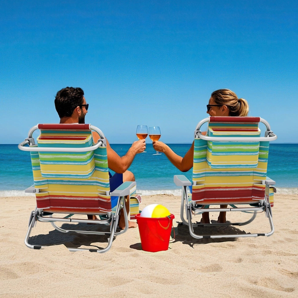 Sedia da spiaggia zaino con portabicchieri tasche portaoggetti spallacci, Sdraio pieghevole a 5 posizioni Colorato 1