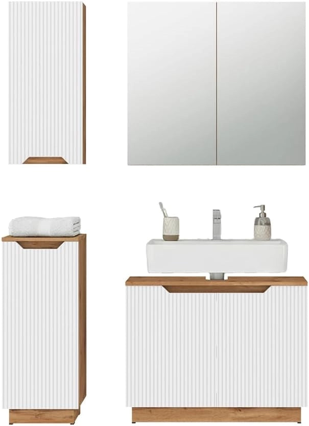 Set di mobili da bagno Lotta, Rovere/bianco a strisce, 4 parti