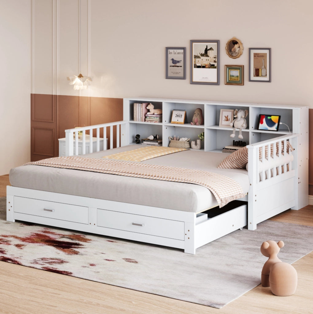 Divano letto estraibile 90x190/180x190 cm con cassetti, bianco